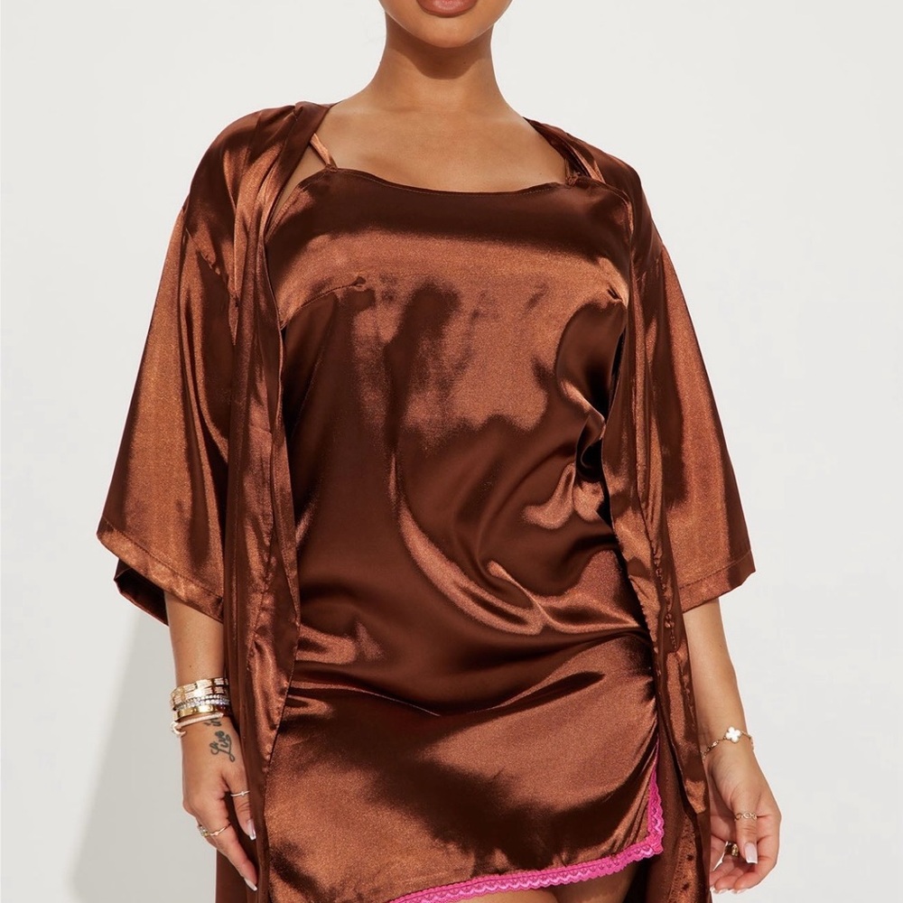 Brown satin pajama set with Pink Trim